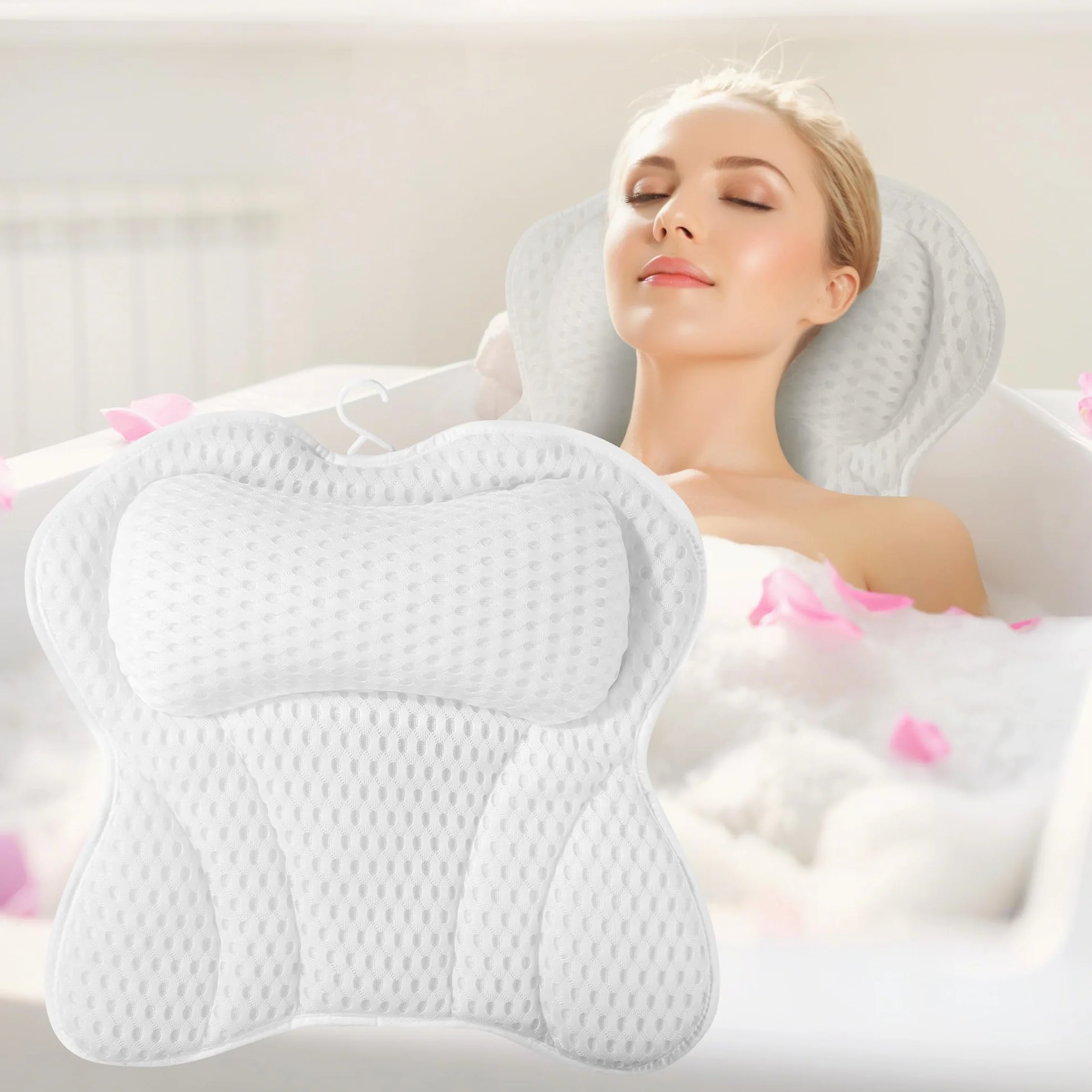 Almohada Bañera Cojín Baño Malla 4D 6 Tazas Succión SPA Hogar (Blanco)