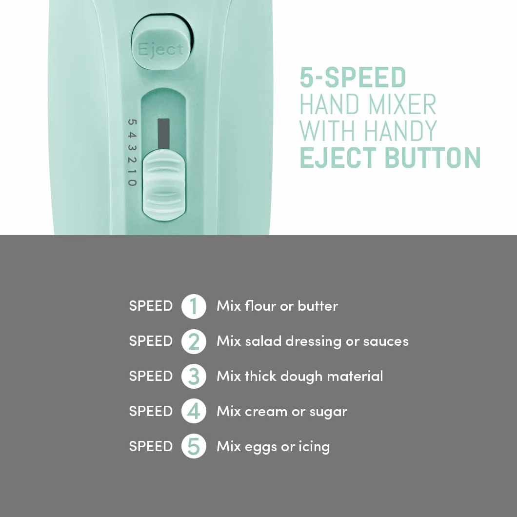 Elite Gourmet EHM003M Batidora de mano eléctrica Ultra Power, 5 velocidades, 2 varillas extraanchas de acero inoxidable, mezclas cremosas y suaves, práctico almacenamiento del batidor, azul menta