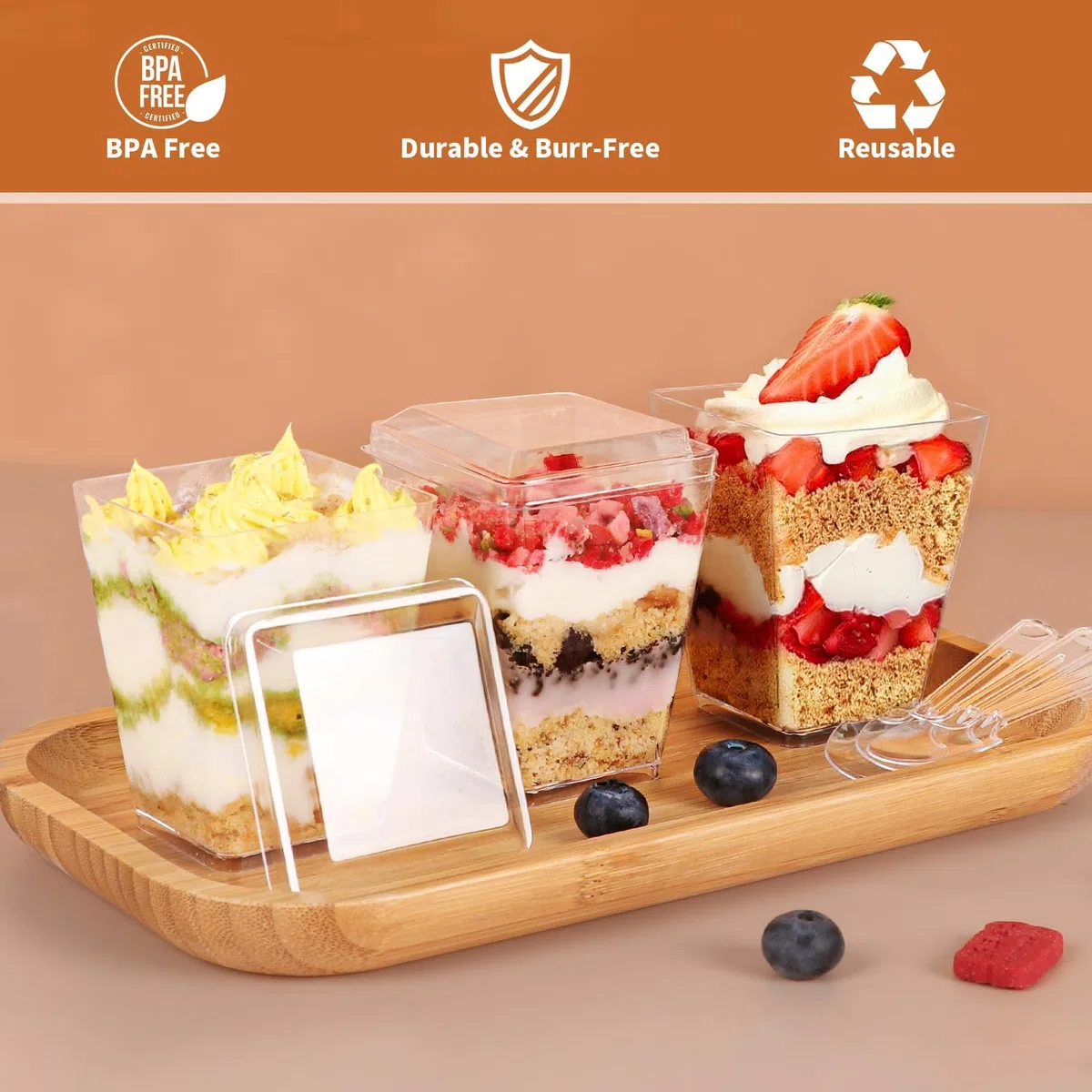 50 Vasos Postre con Cucharas,5OZ/160ML Vasos Postre Plástico Cuadrados,Reutilizables Copas Postre con Tapa,Transparentes Para Mousse Pudín Helado Buffet Fiesta Cumpleaños Picnic