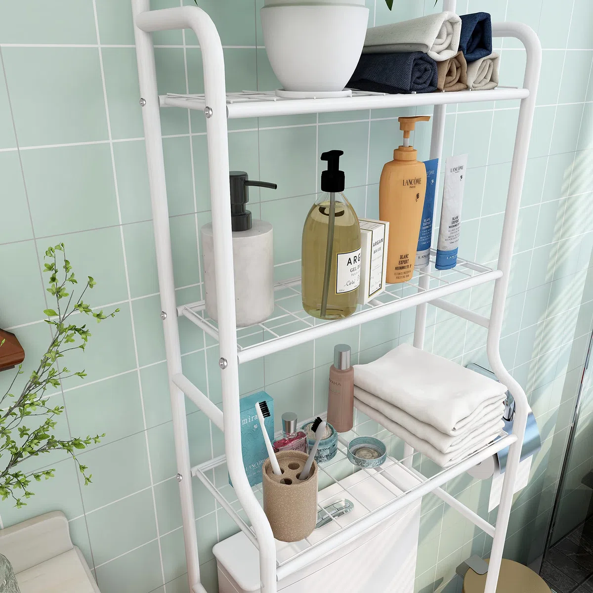 Soporte de inodoro de metal, soporte de baño de malla de 3 niveles, organizador de baño, ahorro de espacio, fácil de montar (blanco)
