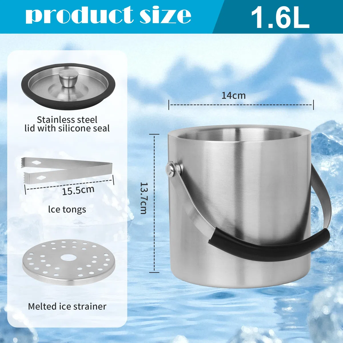1.6 L Cubiteras Acero Inoxidable, Cubitera Hielo con Tapa, Pinzas y Rejilla de Goteo,Cubiteras para Hielo con Tapa para Fiestas,Cerveza,Cócteles,Vino Frío