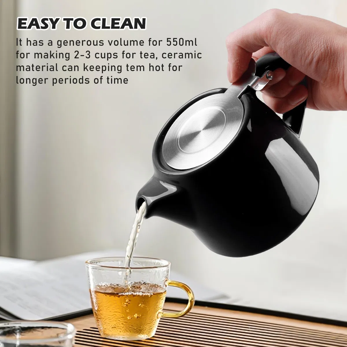 Tetera de porcelana de 500 ml, tetera de doble pared con tapa, asa y colador de té de acero inoxidable, cafetera de porcelana sin goteo, tetera de cerámica para café, té, semibrillante, color negro