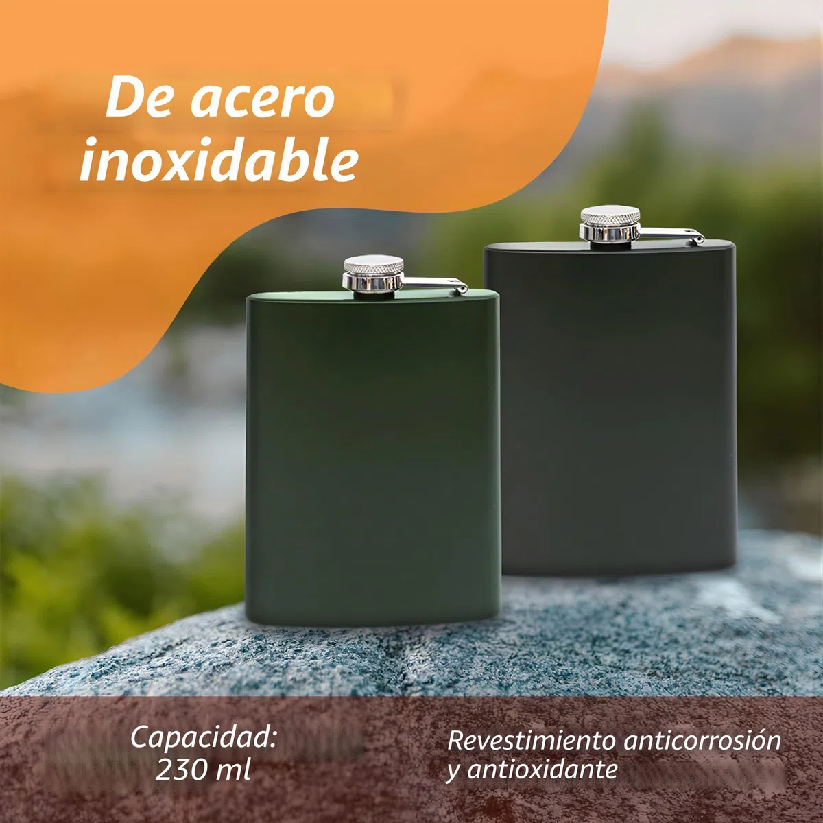 2 Petacas de Acero Inoxidable con Embudo en un Set - 8oz. 227 ml - a Prueba de Óxido - en Negro y Verde Mate - Diseño Militar Noble - Para Aguardiente y Alcohol de Todo Tipo