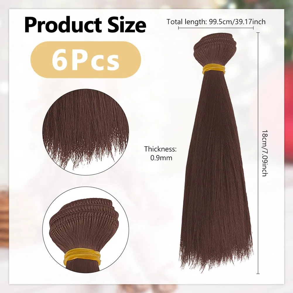 DICOSMETIC 6 pelucas de muñeca de pelo de muñeca de 18 cm, pelo recto corto, pelo de muñeca de plástico, kit de fabricación de muñecas, extensiones de pelo sintético de color marrón de coco