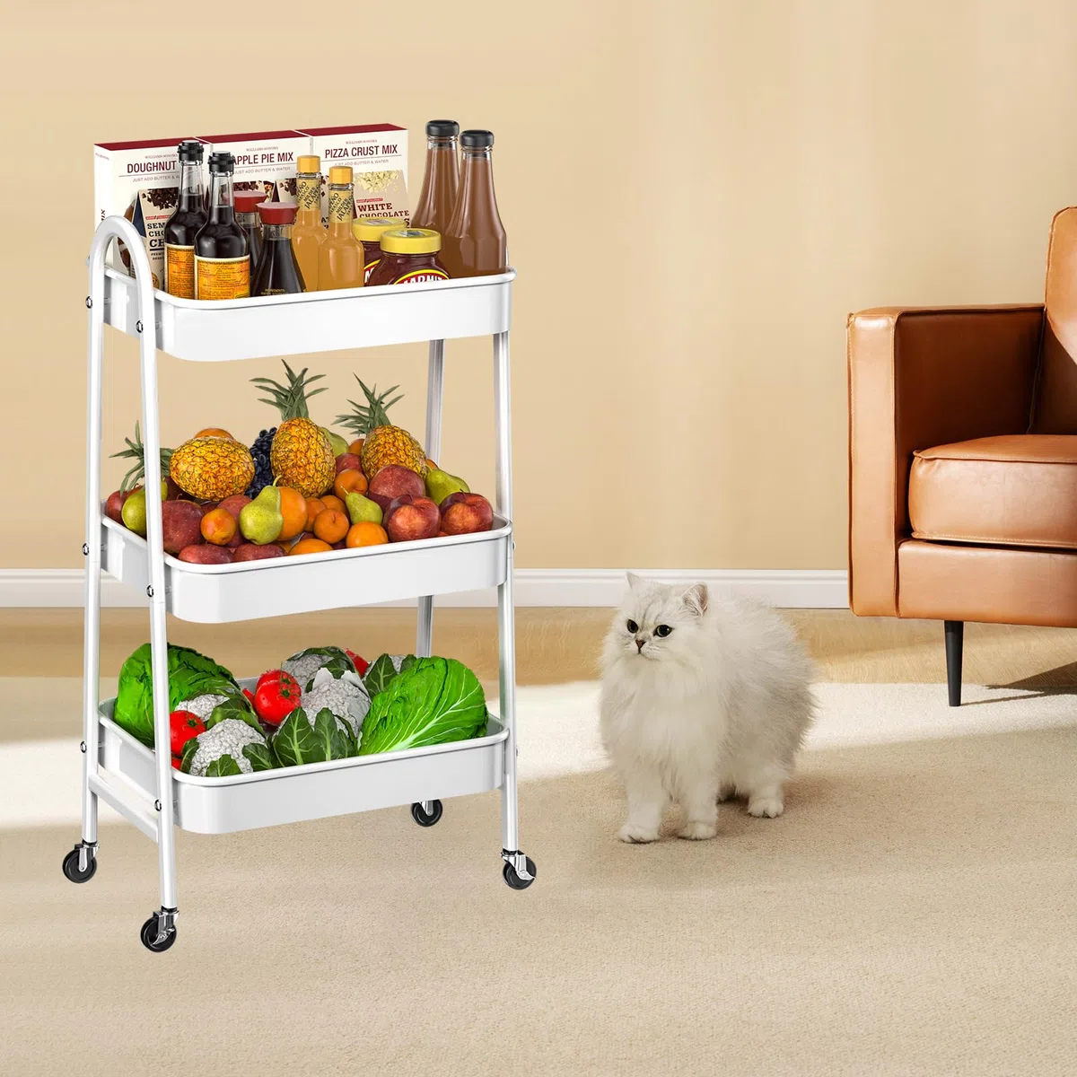 Carrito Auxiliar con Ruedas, Carro Cocina Metálica 3 Niveles, Verdulero Cocina con Ruedas Bloqueables, Móvil Multifuncional Carro Organizador para Baño, Cocina, Salón, Lavandería, Blanco