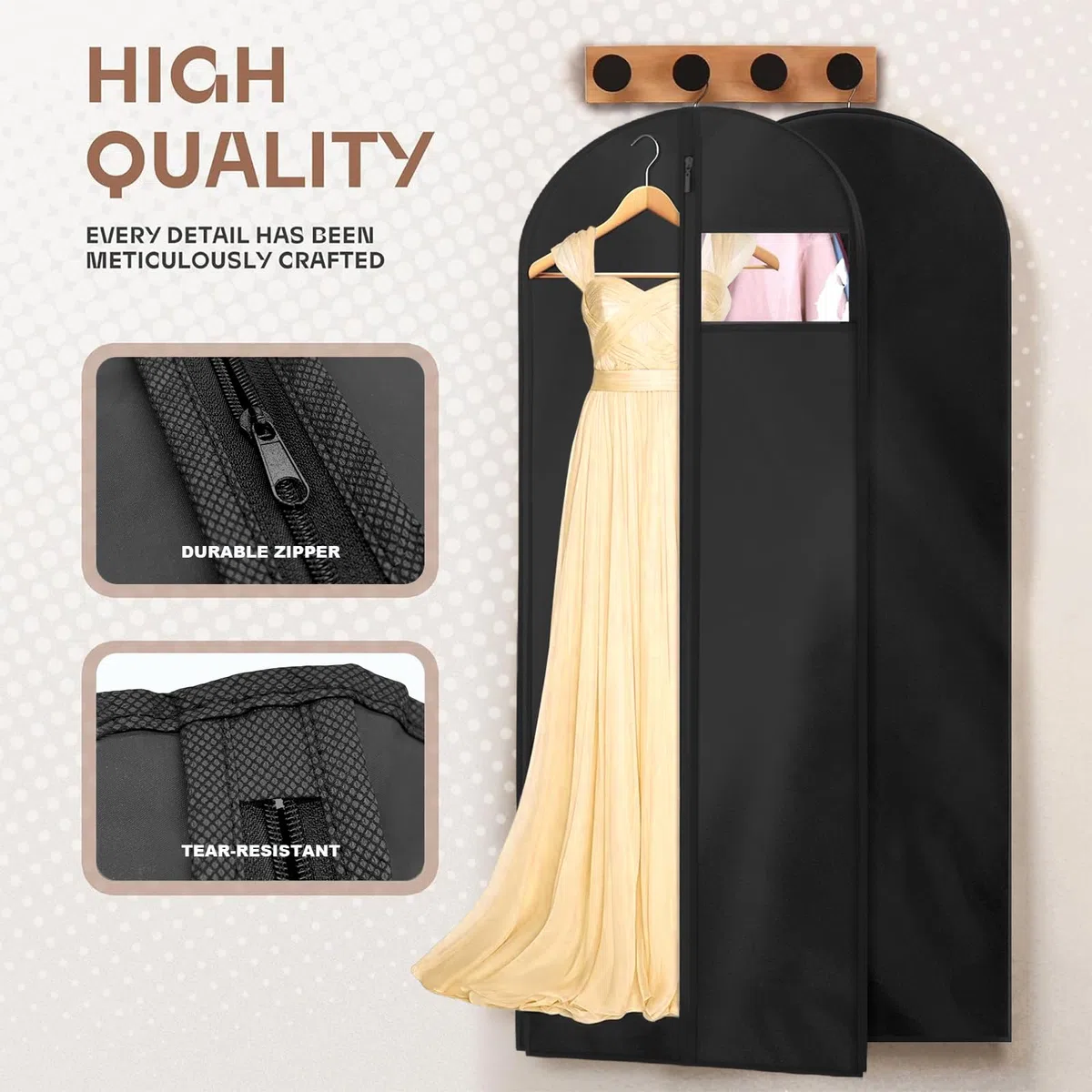 2 bolsas de vestir, bolsa de viaje de longitud completa con cremallera, fundas protectoras de ropa a prueba de polvo, bolsa de ropa para vestidos largos, 180 x 60 cm (negro)