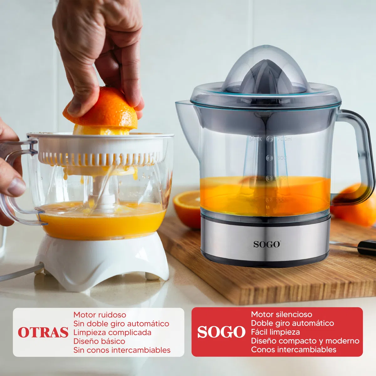 SOGO Exprimidor de Naranjas Eléctrico Silencioso y Potente - Exprimidor Eléctrico de Limones y Naranjas con Tapa -Para Zumo de Naranja y Cítricos con 40W de Potencia y 0,7L de Capacidad