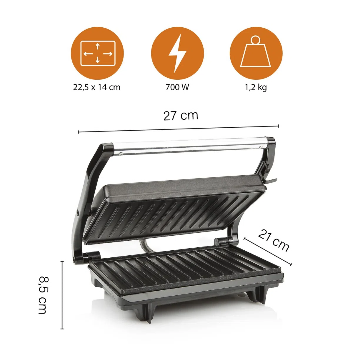Tristar GR-2650 Parrilla eléctrica con superficie de cocinado de 22.5 x 14 cm, revestimiento antiadherente, tapa flotante, libre de BPA y PFOA, almacenamiento para el cable, 700 W, Color Negro