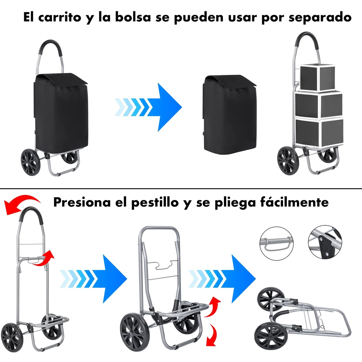 Carro de Compra Plegable 2 Ruedas Grandes | Carrito de la Compra Ligero con Bolsa Impermeable y Desmontable | Carga hasta 25kg | Capacidad 35 litros | Multiusos Estructura de Acero Robusta