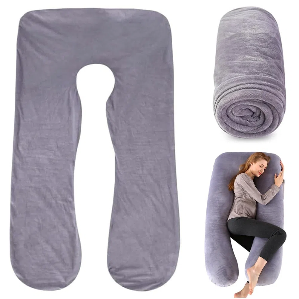 FARYODI Almohada de repuesto en forma de U, 140 x 80 cm, funda de almohada para embarazadas y lactancia, 100 % algodón, extraíble y lavable a máquina, respetuosa con la piel, transpirable (gris)