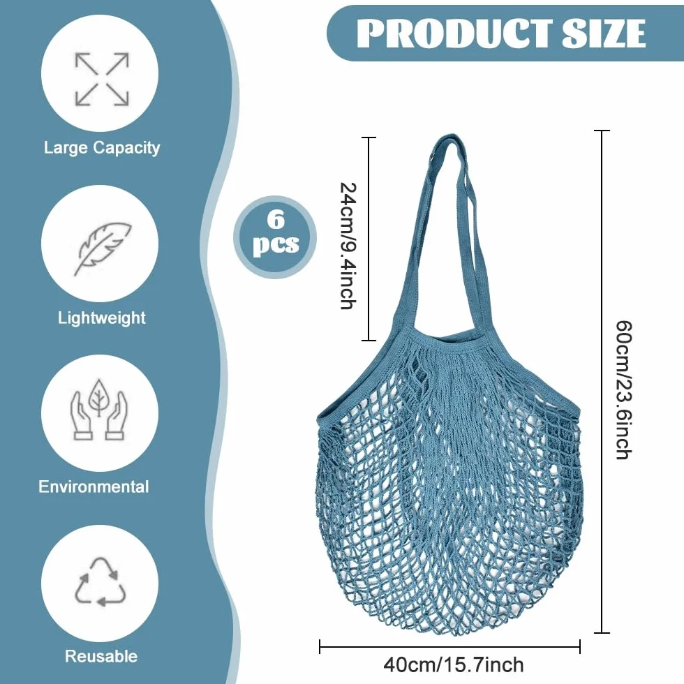 NAROSEBE 6 Pcs Bolsas de Red para Compra Bolsas Ecologicas para Fruta 6 Color Bonito Bolsa de Red de Almacenamiento Algodón Bolsa Malla Playa Lavables y Reutilizable, 60 * 40cm Plegable, Carga 5kg