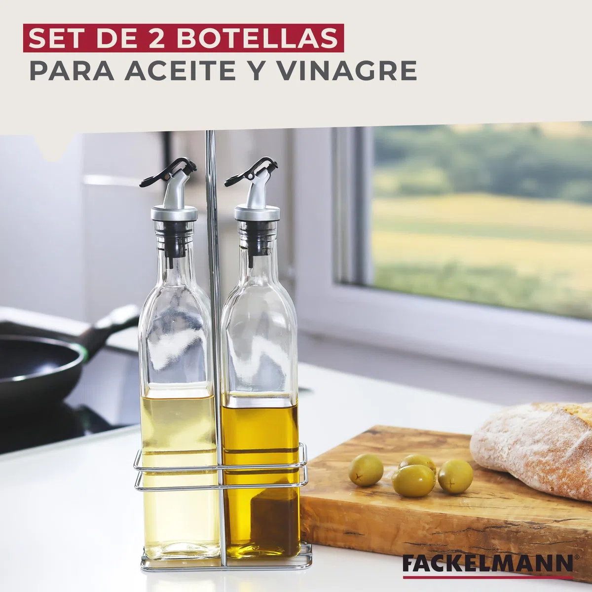 Fackelmann Set Aceitera y Vinagrera con Soporte, Incluye 2 Botellas de Vidrio de 250 ml y Rack, Conjunto Estable, Duradero y Decorativo, Apto para Lavavajillas, 30x12x6 cm