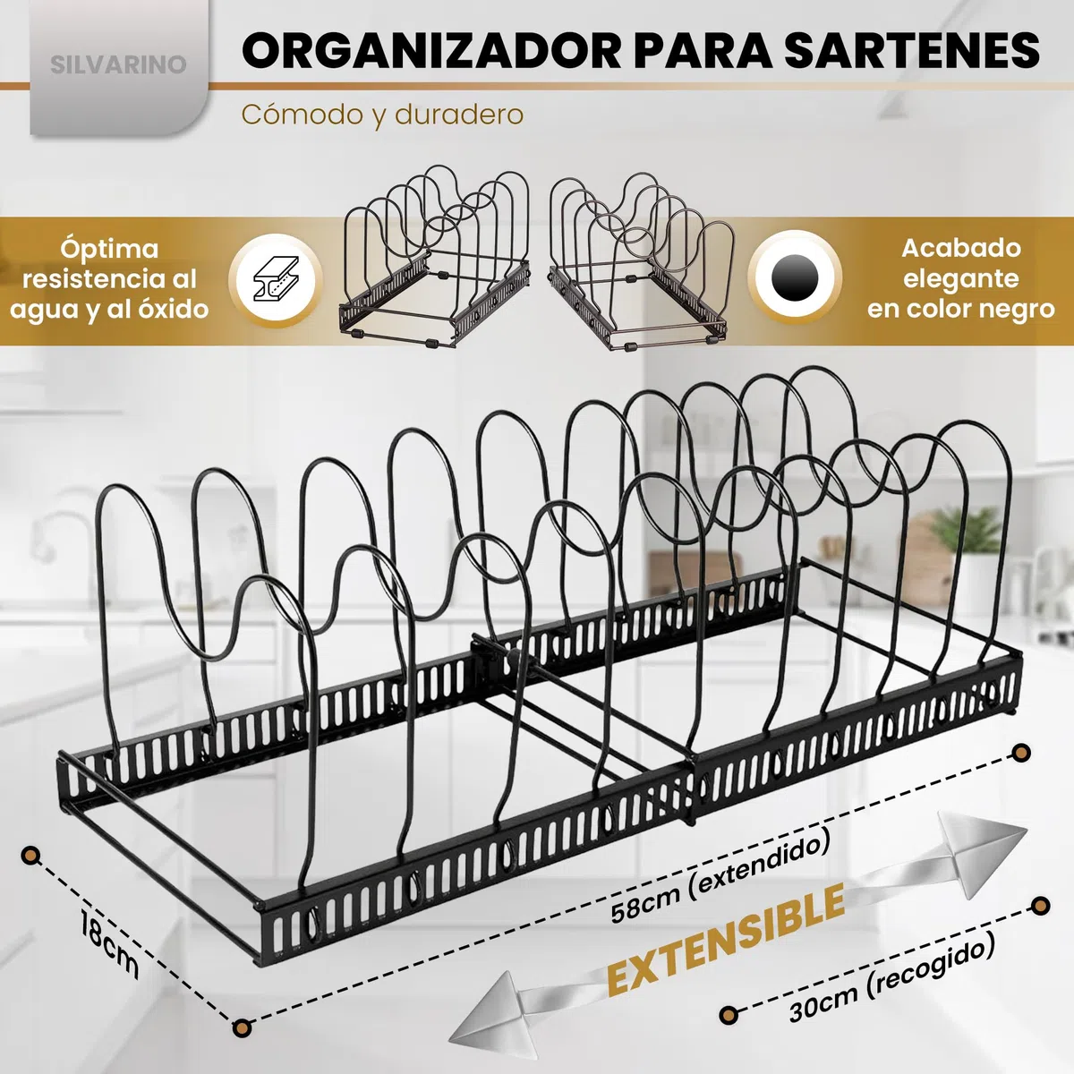 organizador sartenes y ollas cajon - 10 compartimentos y un soporte adhesivo para tapas - organizador de platos para armario y cajones de cocina