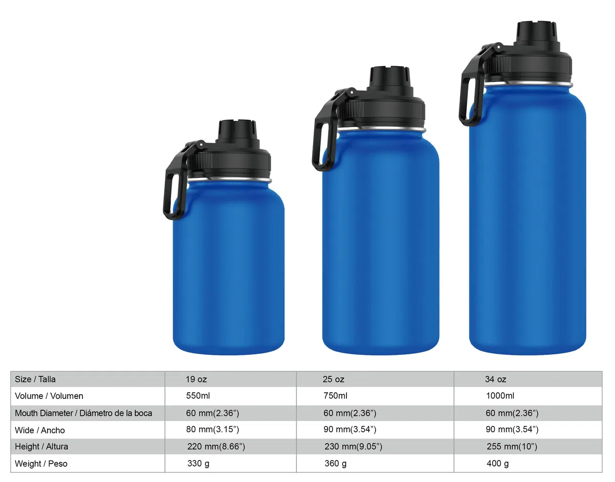 Mi Ko Mi Ka Botella de Agua de Acero Inoxidable - Botella Térmica Reutilizable Deportiva | Sin BPA | Mantiene Frio y Calor | Termo y Hermética - A Prueba de Fugas (1 Litro V2, Azul Cielo)
