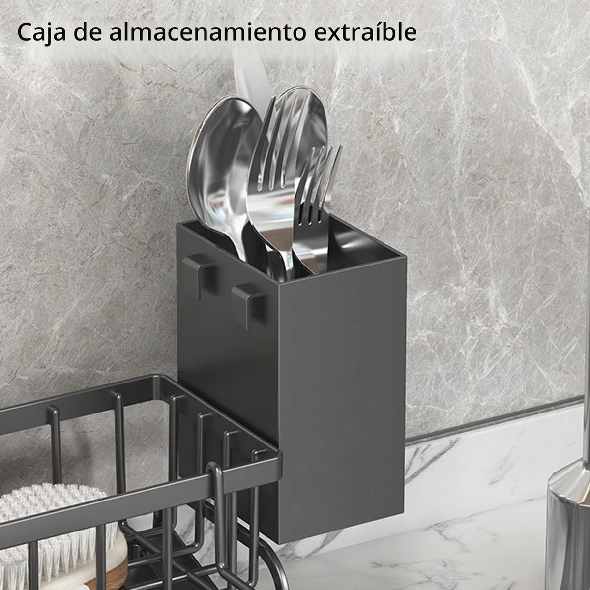 Organizador Fregadero Cocina, Organizador de Fregadero con Soporte para Trapo de Cocina & Caja de Almacenamiento, Organizador de Fregadero de Metal con Bandeja de Drenaje Automática (Negro)