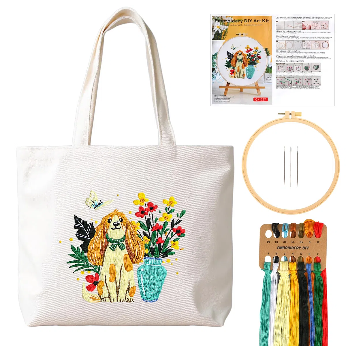 JSRQT Perro Kit de Bordado Bolso de Lona, Kit de Inicio Punto Cruz con Estampado de Flores para Principiantes Adultos, Bordado Hecha a Mano para Amantes Manualidades, con Instrucciones, Aguja e Hilo