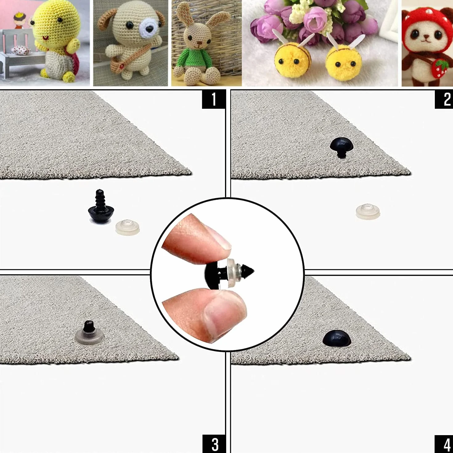 Ojos de Seguridad para Animales de Ganchillo, 100 Unidades de Plástico para Peluches y Muñecas, Con Arandelas para Manualidades (6-12 mm)