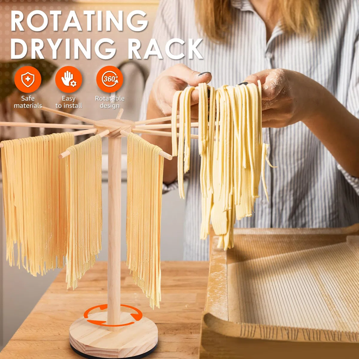Secador de pasta con base giratoria, soporte para pasta de madera, con 9 brazos extraíbles, gran capacidad, para secar pasta de 4,5 kg