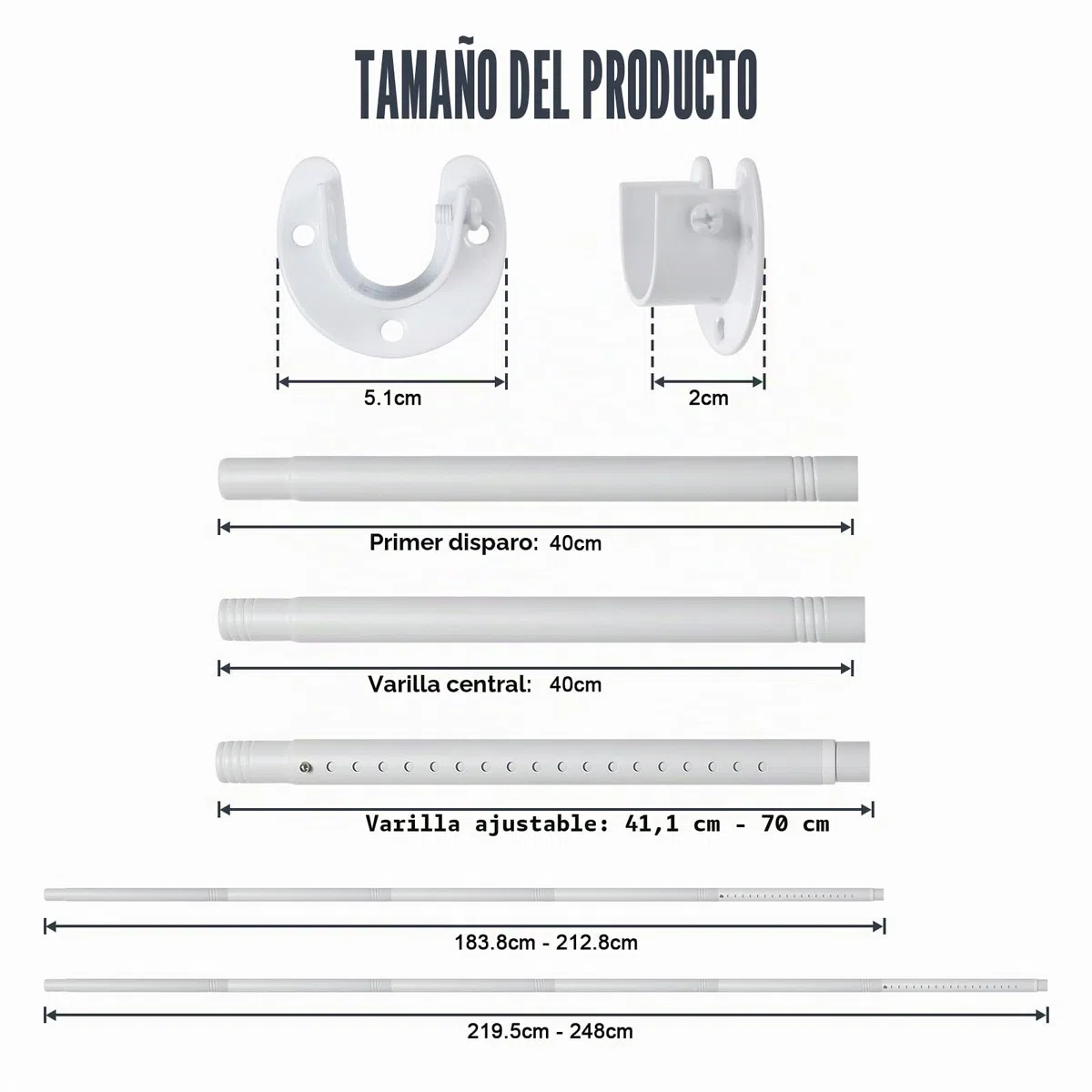 Riel ajustable para armario de 40 a 212 cm, rieles extensibles para colgar ropa, barra de armario resistente para armario, color blanco