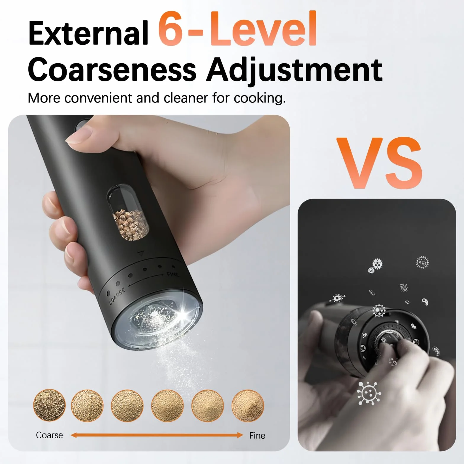 MERTTURM Molinillos de Pimienta Eléctricos Recargables, Molinillo de Especias con Luz LED, Granero de 110 ml, Grosor externo ajustable Molinillo de Sal para Cocina, BBQ, Negro(1PCS)
