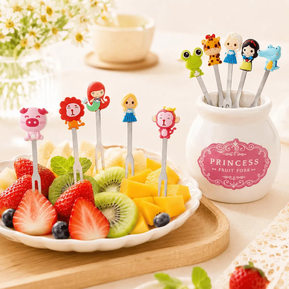 Mini Tenedores de Fruta Decorativos en Forma de Animales, ZAKVOP Tenedores de Acero Inoxidable con Asas de Silicona y Tarros de Almacenamiento de Cerámica