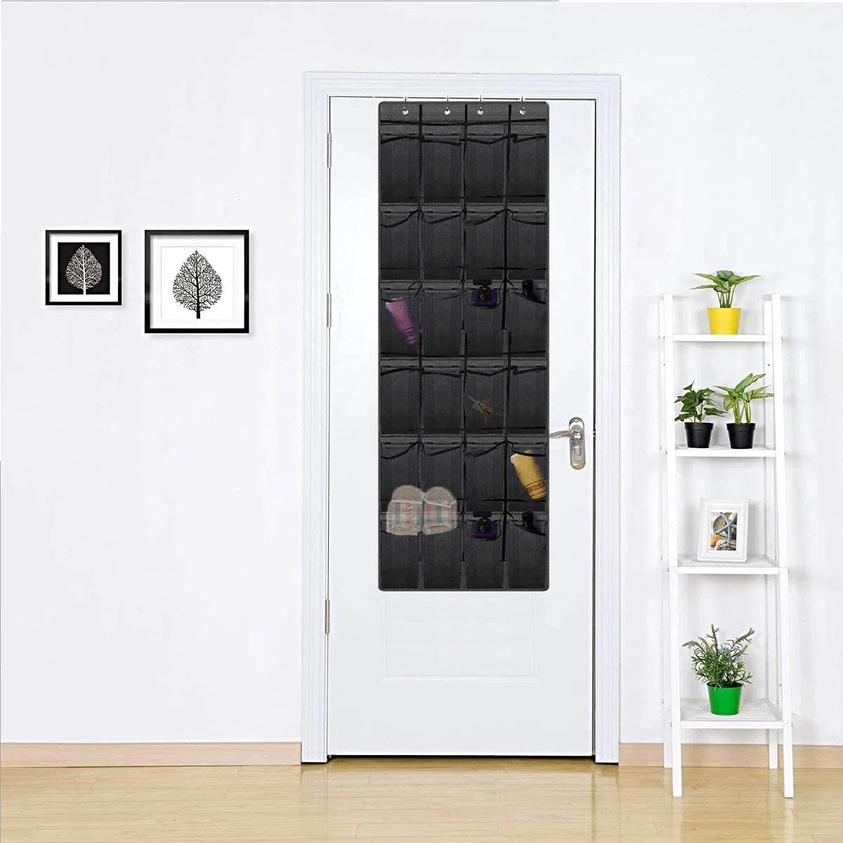 24 bolsillos para zapatos colgantes, almacenamiento suspendido, encima de la puerta, armario de pared, grandes bolsillos de malla negros
