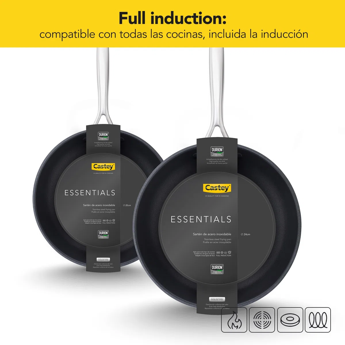 Castey - Sartén Antiadherente Inox Essentials, Modelo EA-S18, Color Plata, Tamaño 18 cm, Acero inoxidable Revestimiento Antiadherente, Apta para Todas las Cocinas, Recubrimiento Durión