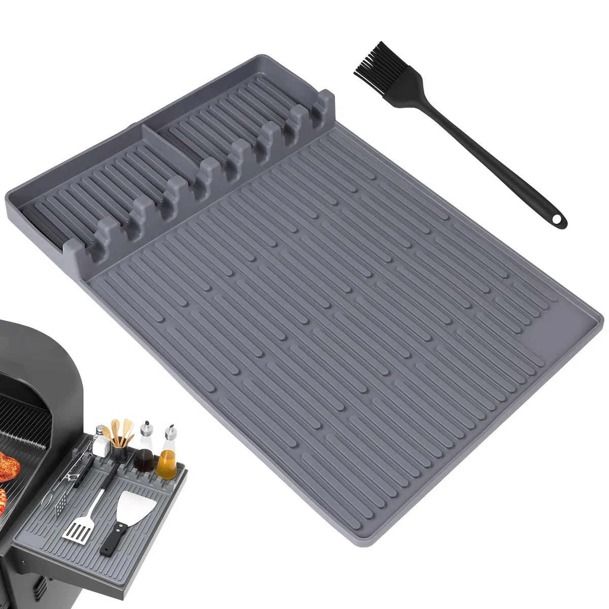 DBREAKS Estera para Barbacoa Mesas Laterales, Incluye pincel para untar y orificios para colgar, Alfombrilla de Silicona para Herramientas, Gris