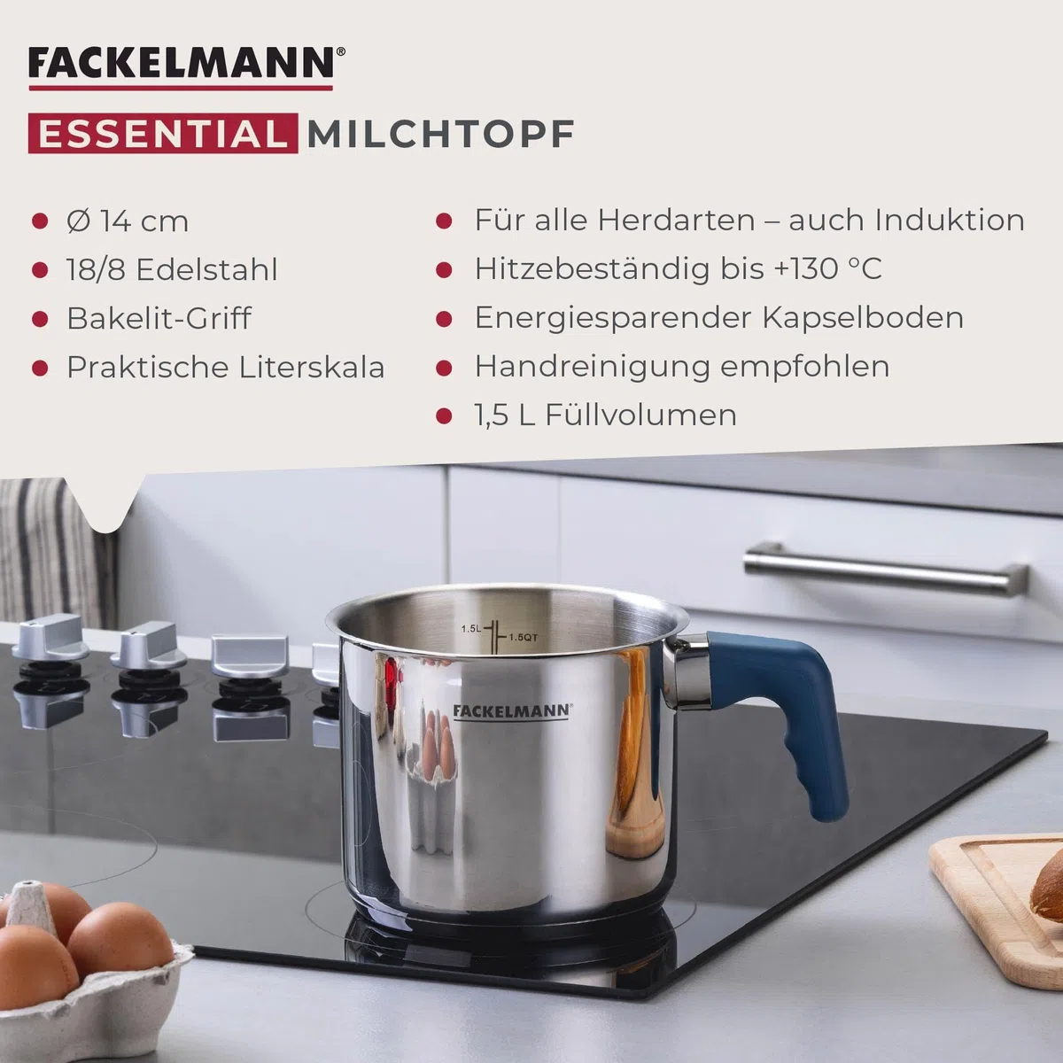 Fackelmann Olla para leche Essential Ø 14 cm de acero inoxidable con mango ergonómico de baquelita y práctica escala de litros – Ideal para todo tipo de fuegos