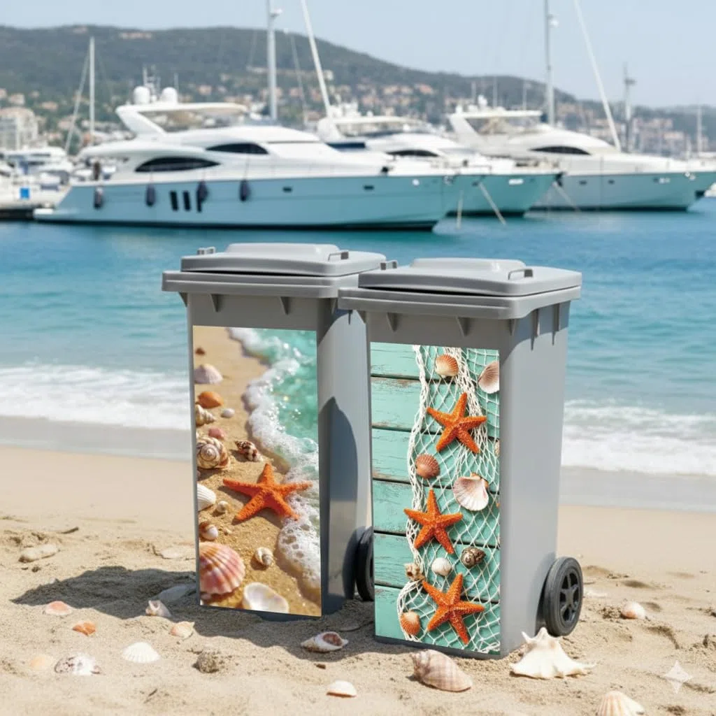 Peacoblue 2 hojas de calcomanías adhesivas para cubo de basura con diseño de estrella de mar y conchas marinas, 15 x 32 pulgadas, impermeables, grandes envolturas para contenedores, nevera, pared al