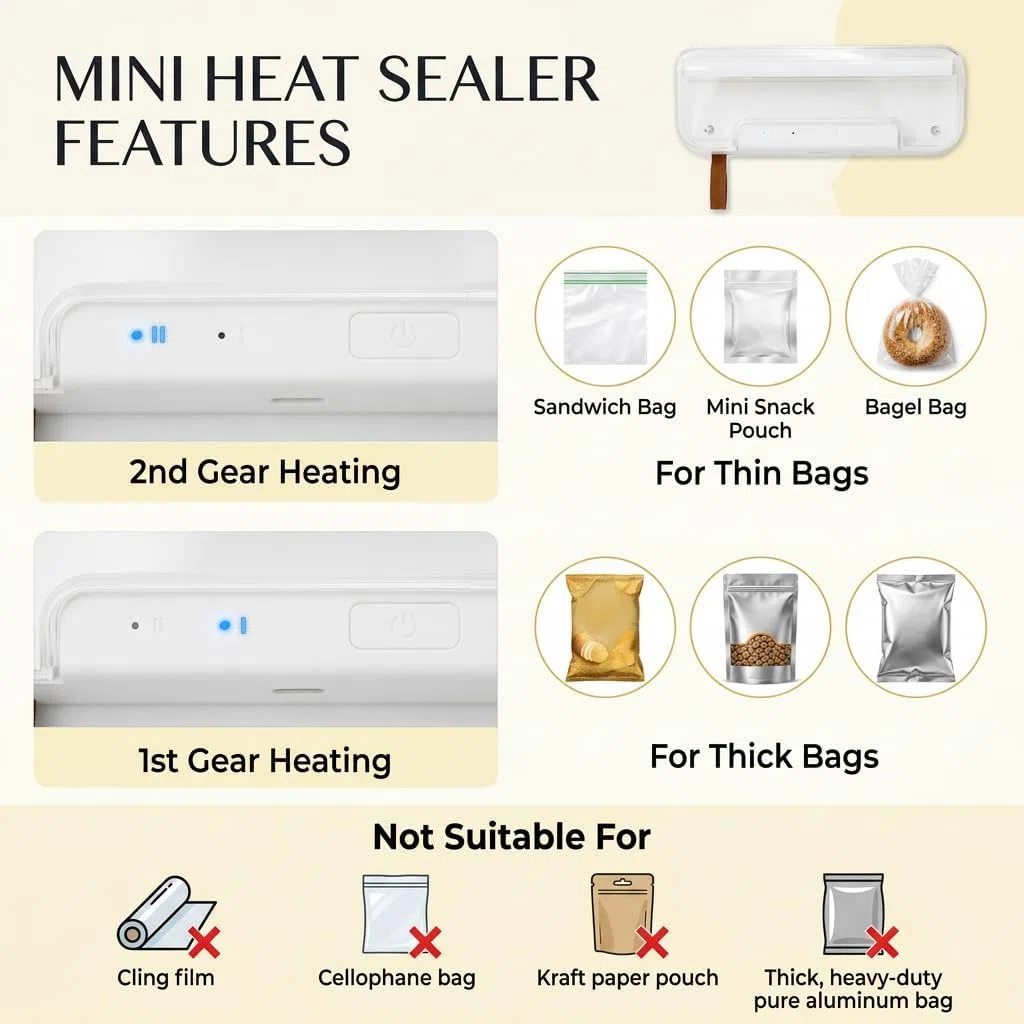 Mini Sellador de Bolsas Magnético 2 en 1 con Cortador, Selladora Térmica Portátil Recargable USB, Termoselladora para Aperitivos y Alimentos