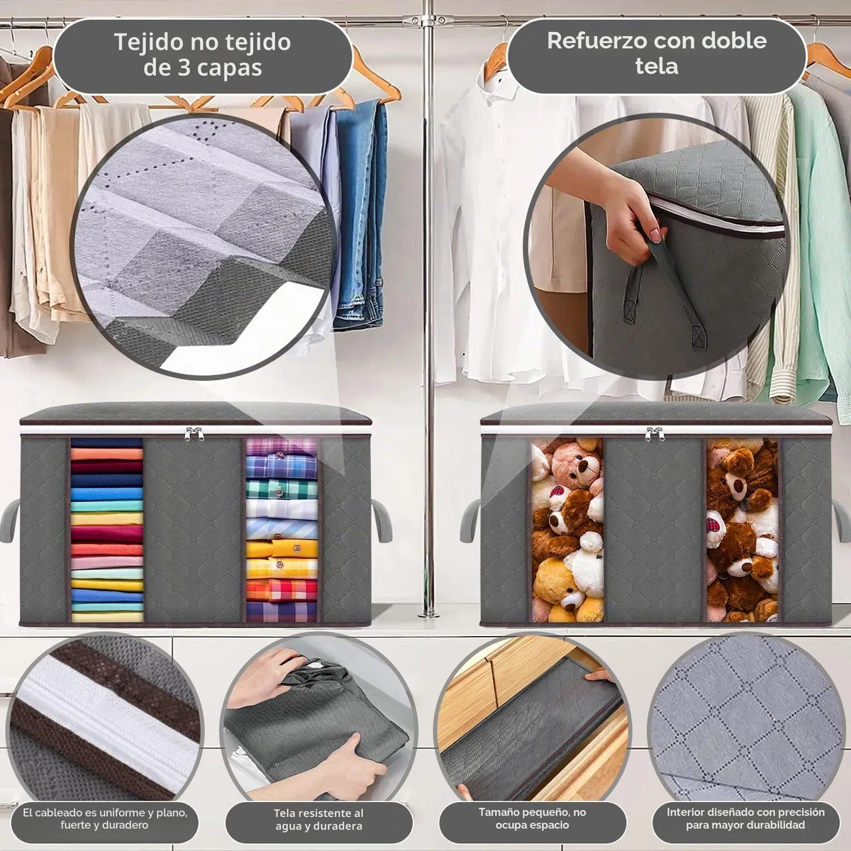 Frasheng 6 Piezas Cajas Almacenaje Ropa, 85L Almacenaje Bajo La Cama, Bolsa de Almacenamiento para Ropa Plegable, Bolsa de Almacenamiento de Ropa con Mango para Guardar Ropa, Edredones, Mantas, Gris