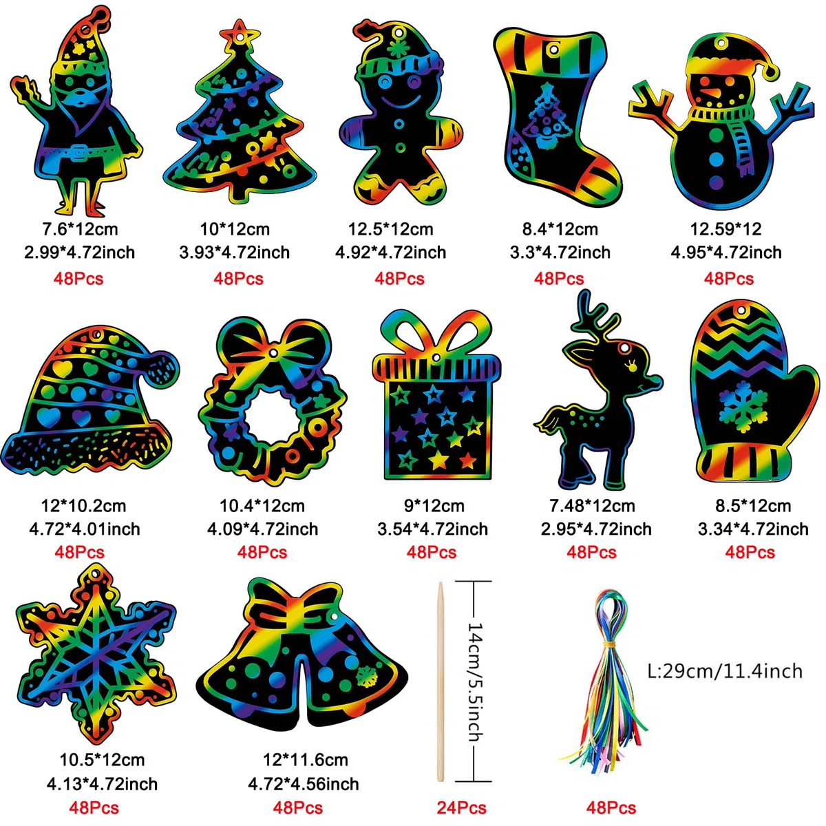 48 Piezas Scratch Art para Niños, Papel para Rascar Mágico Arcoíris DIY, Papá Noel, Alce, Copo de Nieve, Guirnalda, Campanas, Árbol de Navidad, Adornos de Casa para Decoración Navideña