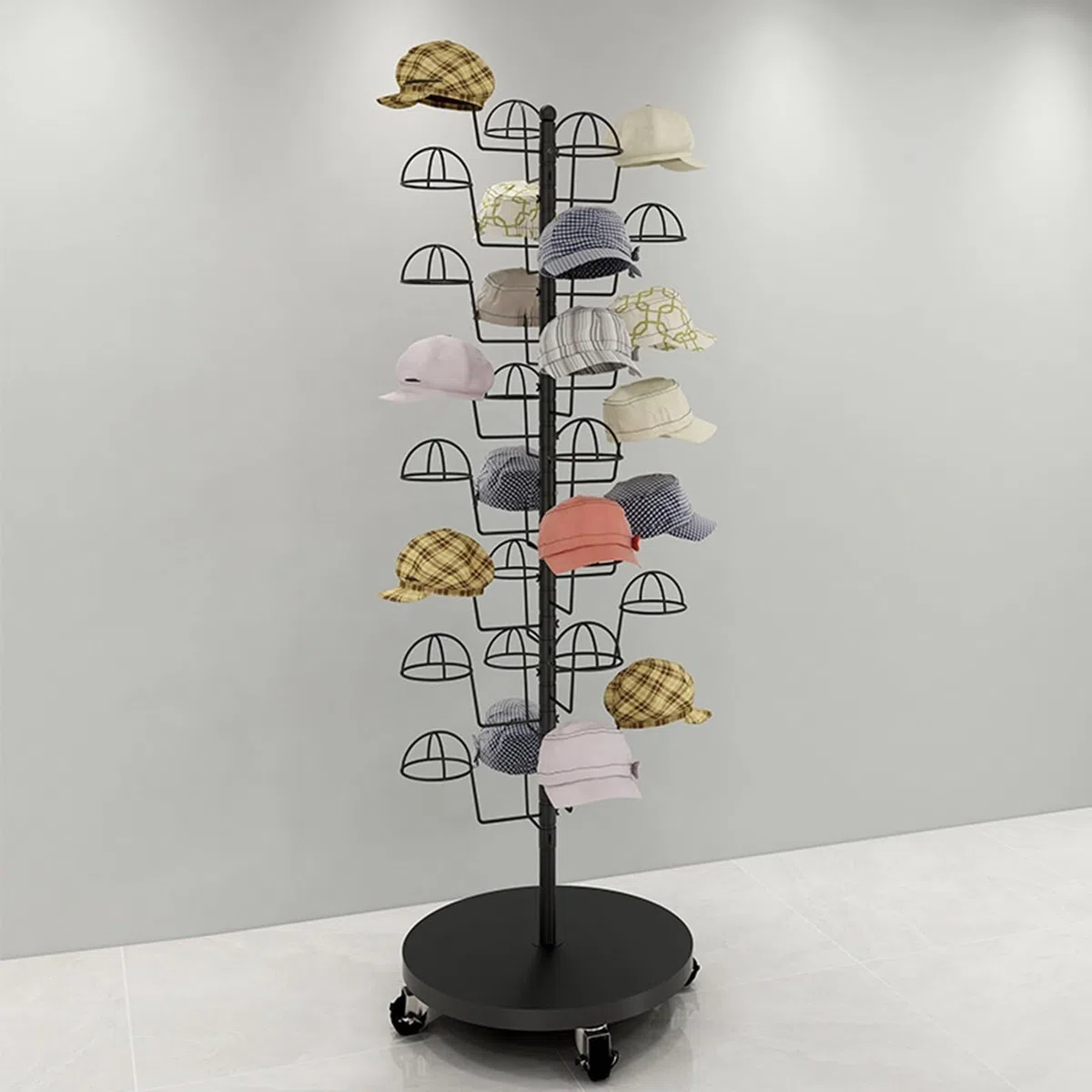 Expositor de Sombreros de Metal Ajustable con 4 Ruedas giratorias, Soporte de Suelo Giratorio para Gorras, Pelucas y Cascos, con Capacidad para 10-35 Sombreros (Negro, con 10 Sopor
