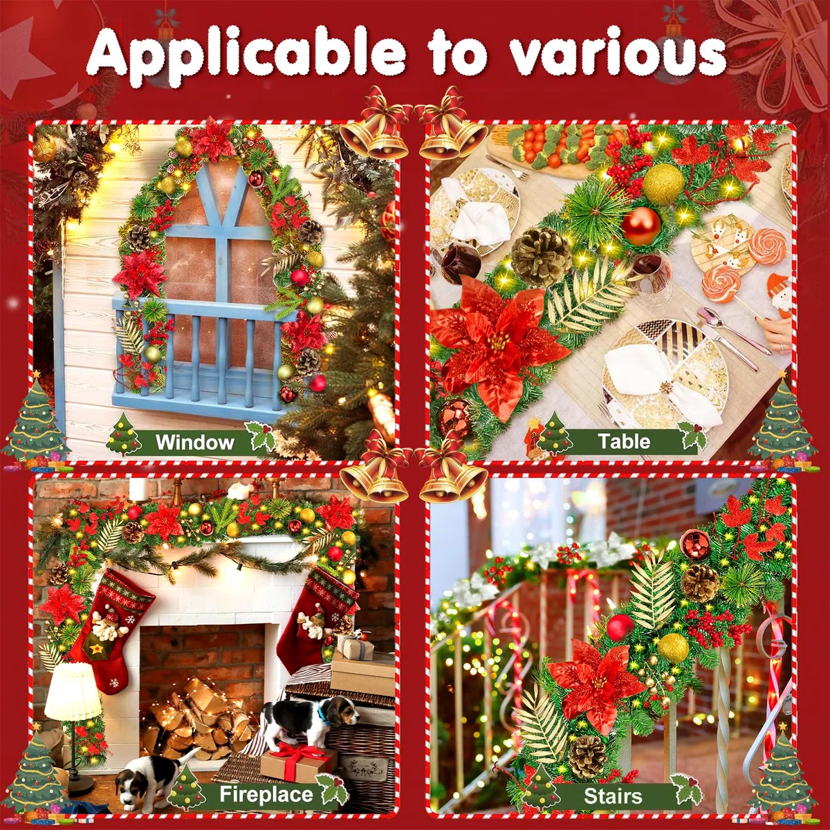 Guirnalda Navidad 270 cm con Luces - Adorno para Escaleras, Puerta, Ventana