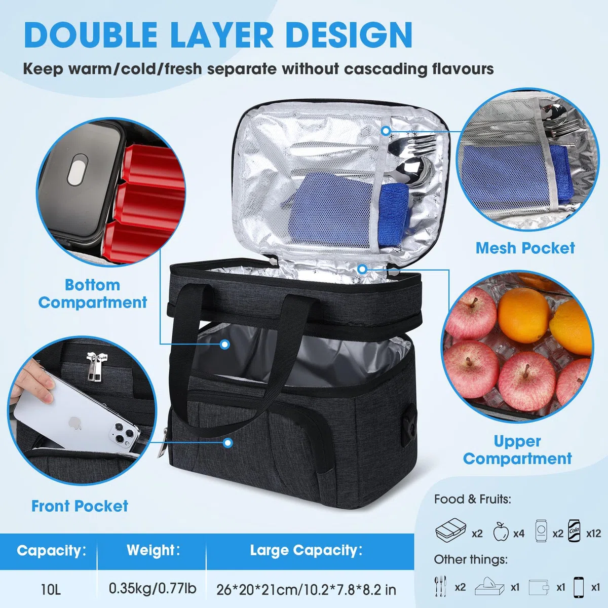 RAINSMORE Bolsa Termica Porta Alimentos 10L Bolsa Comida Trabajo Bolsa Isotermica Lunch Bag Bolsa Almuerzo para Oficina Viaje Pícnic Negro