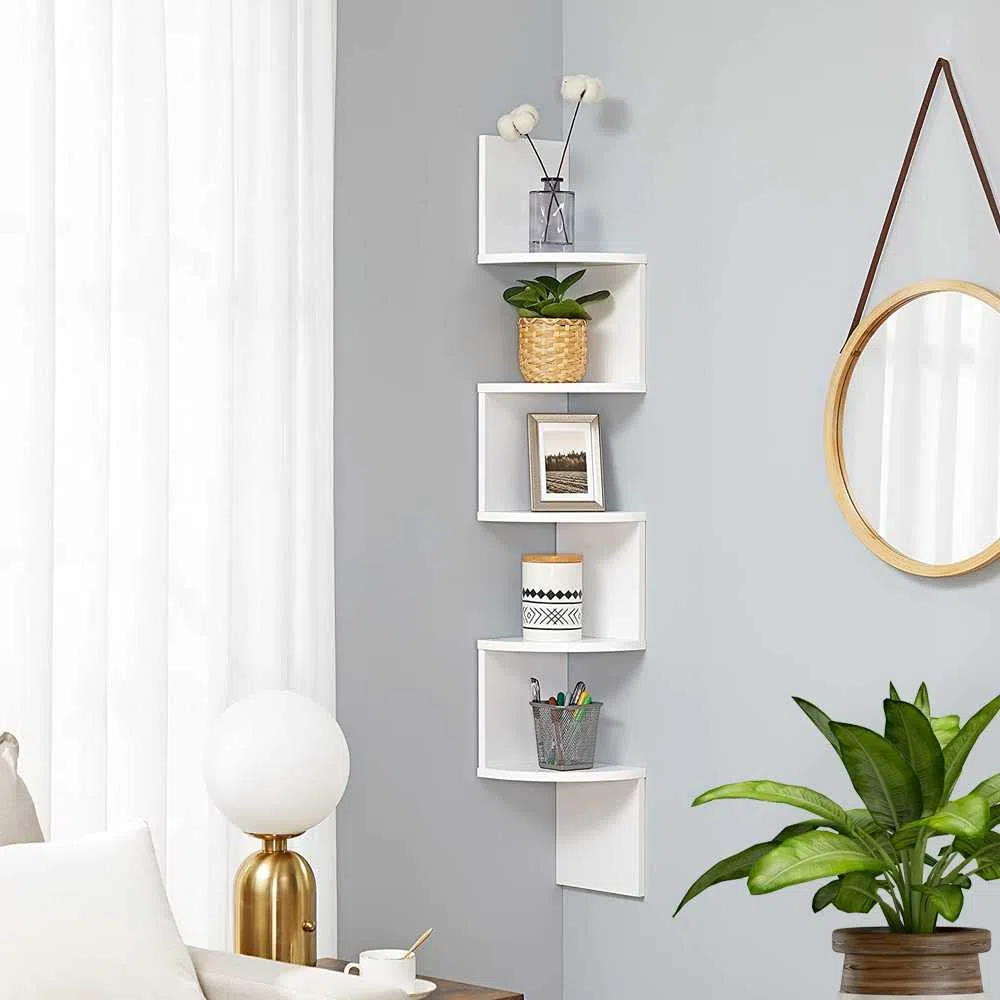OcioDual Estantería de Esquina con Montaje en Pared, Esquinera de 5 Niveles, Diseño en Zigzag, para Plantas, Dormitorio, Sala de Estar, Baño, Oficina, Casa 20x20x122cm Blanca
