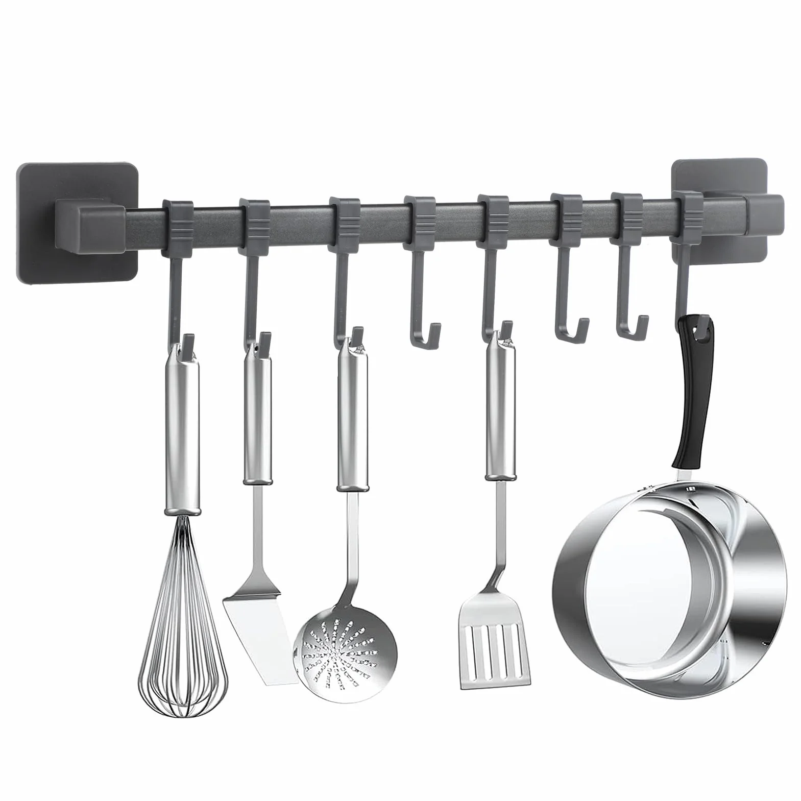 wenrescry Barra de Ganchos Cocina Autoadhesiva (8 Ganchos) – Sin Taladros, Soporta hasta 5kg, para Utensilios, Ollas Pequeñas, Organizador de Pared Negro
