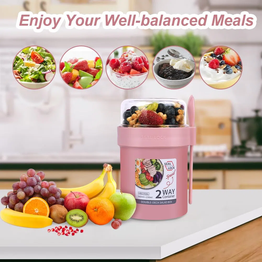 HOTUT Taza de Cereales para Llevar, 560 ml + 230 ml Contenedor De Avena Durante La Noche,Vaso Cereales Con Tapa Y Cuchara,Sin BPA,Compartimentos Separados,Vaso Desayuno To Go (Rose)