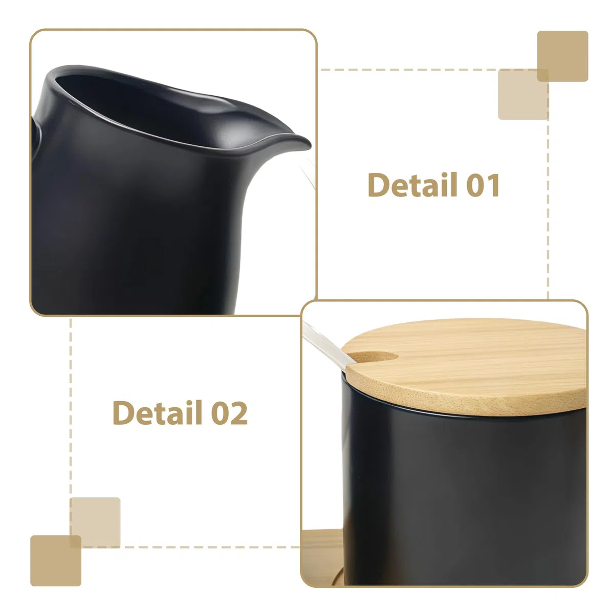Juego de 2 piezas de leche y azúcar con tapa y cuchara: cerámica, negro mate, cuenco elevado, juego de servir de cerámica, apto para microondas y lavavajillas, para cocina y bar de café