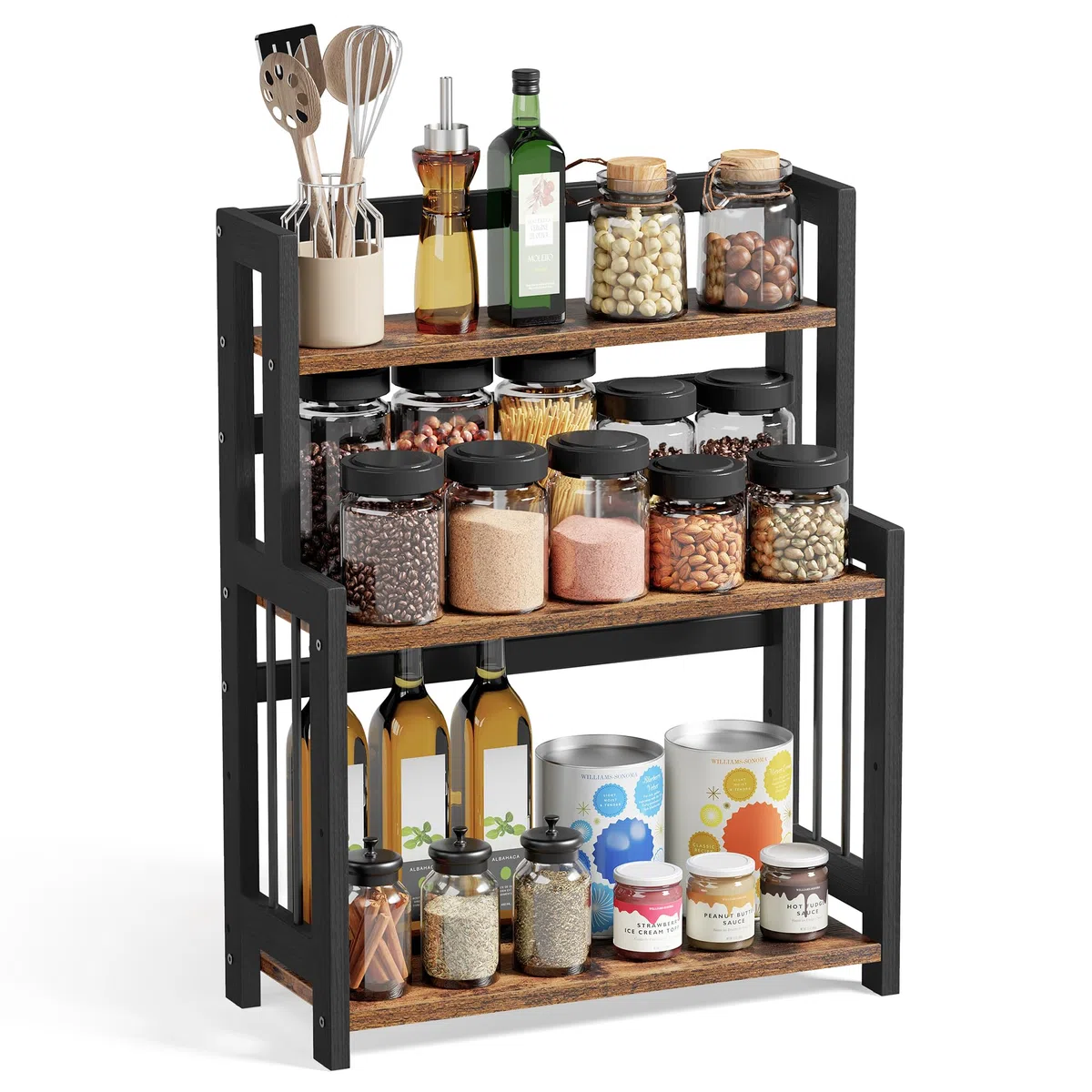 SONGMICS Especiero, Estante de Especias, Estante Almacenamiento de 3 Niveles, en la Encimera, Organizador, Marco de Bambú, para Cocina, Comedor, Oficina, Marrón Rústico y Negro OFS047B01