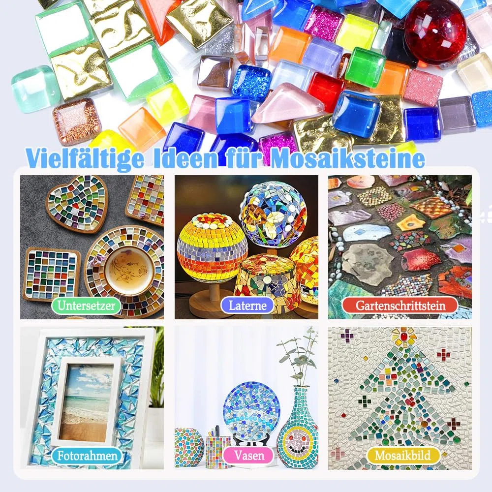 Azulejos de mosaico de cristal de 900 g, 1 x 1 cm, azulejos de mosaico para artes y manualidades, alrededor de 1000 piezas de mosaico de colores mixtos para manualidades, platos, macetas
