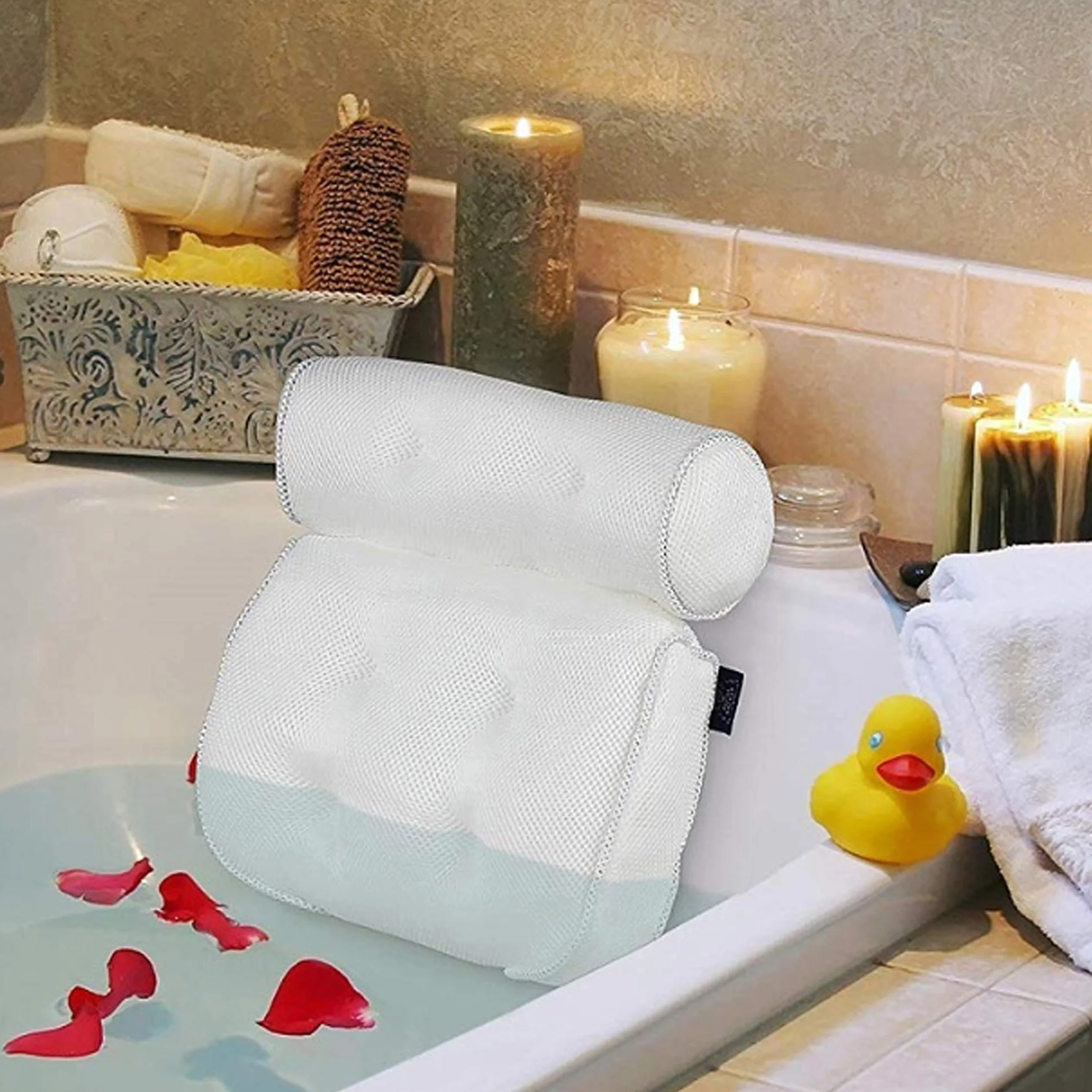 Yuning Almohada de Baño,Reposacabezas Bañera con 6 Ventosas,Soporte Suave la Cabeza,El Cuello,los Hombros y la Espalda y una cómoda Alfombra de baño,para SPA en Casa Bañera de Hidromasaje (Blanco)