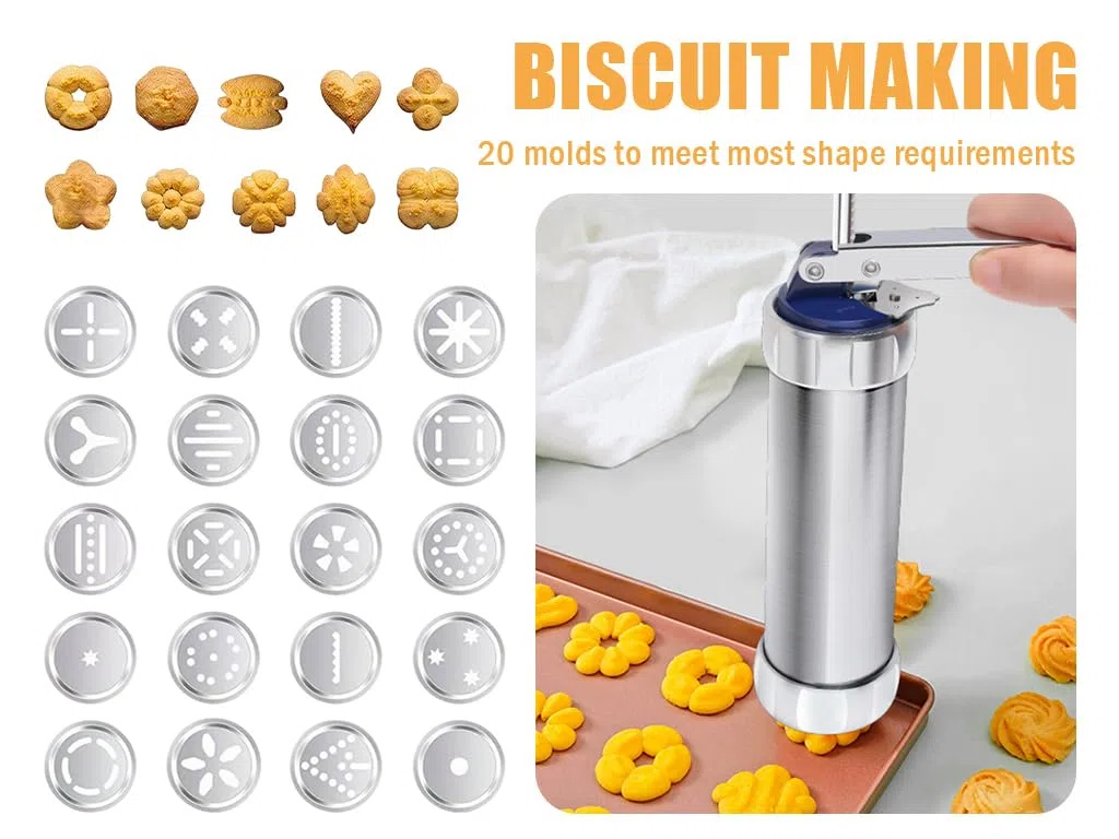 Máquina de Galletas de Acero Inoxidable, Máquina Galletas Molde para Repostería con 8 Boquillas y 20 Plantillas, Galletas Máquina Enviar 100 Bolsa de Galletas, para Pastel, Galleta