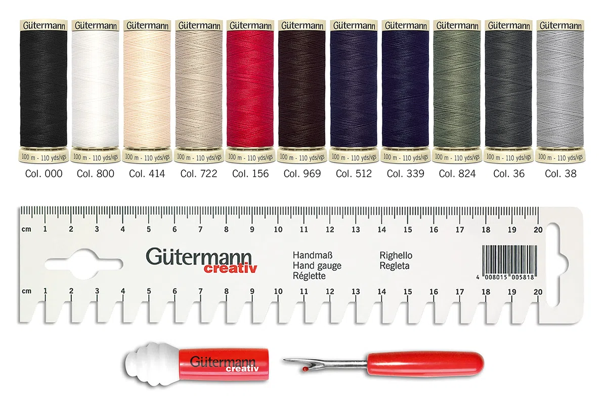Gütermann creativ Set hilo de coser con 11 bobinas de Coselotodo de 100 m en los colores básicos + regleta + Seam-fix mini