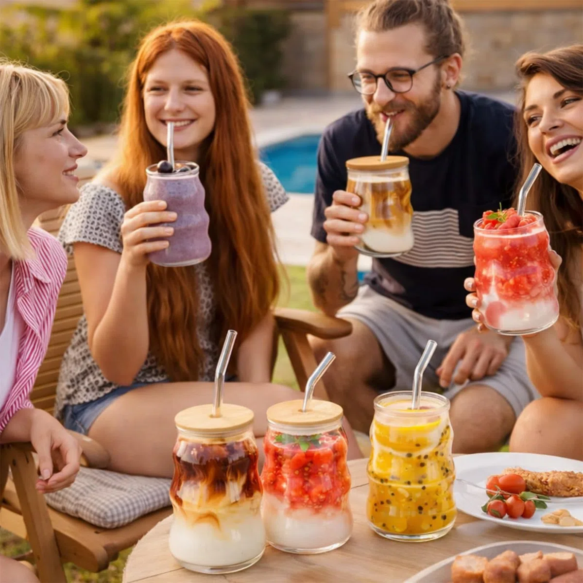 Juego de 2 Vasos de Café Cristal de Burbuja 530ml, Tazas de Vidrio Ondulado con Tapa y Pajita, Vaso Matcha Cristal para Latte, Café Helado y Cócteles, Incluye Cepillo (2)