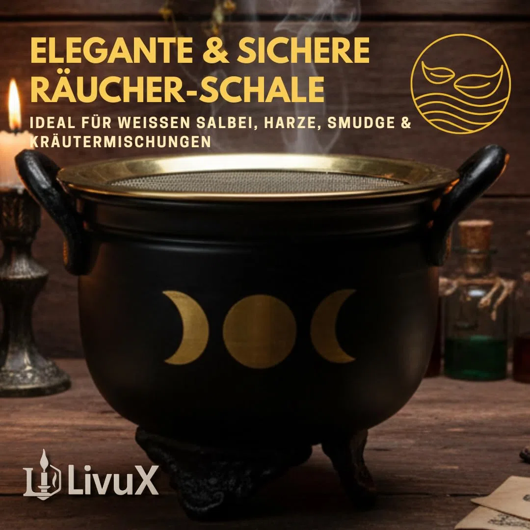 LivuX Hervidor de incienso de fases lunares con colador, quemador de incienso de hierro, diámetro de 9,5 cm, caldero ritual estable, ideal para ahumado, resina y hierbas, accesorio mágico para