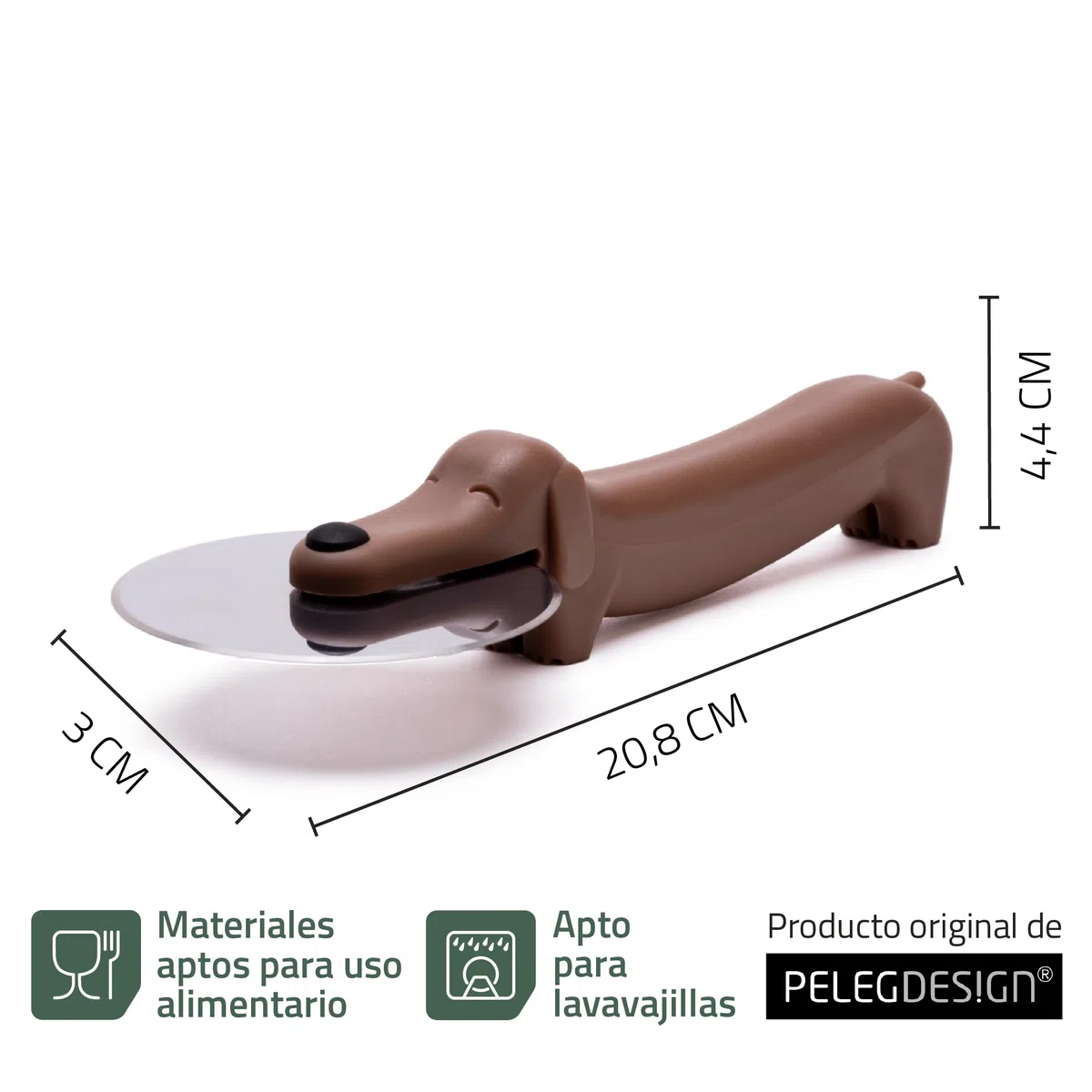 PELEG DESIGN Puperoni Cortador de Pizza – Cortapizzas Divertido en Forma de Perro Salchicha con Cuchilla de Acero Inoxidable – Diseño que se Mantiene de Pie – Regalo Original Cocina