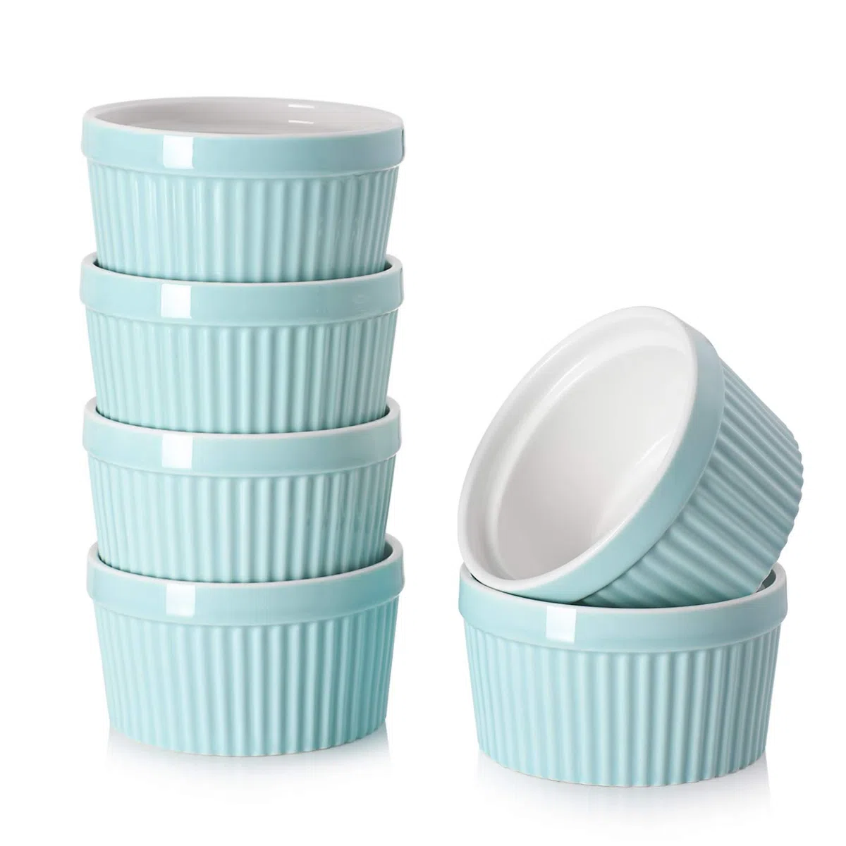 DOWAN Moldes para Soufflé Set, 6 X 235ml Baking Moldes de Porcelana para Hornear Crema Catalana, Tartas y Muffin, Cuencos de Postre, Apto para Lavavajillas, Microondas y Horno, Ø 10cm-Azul