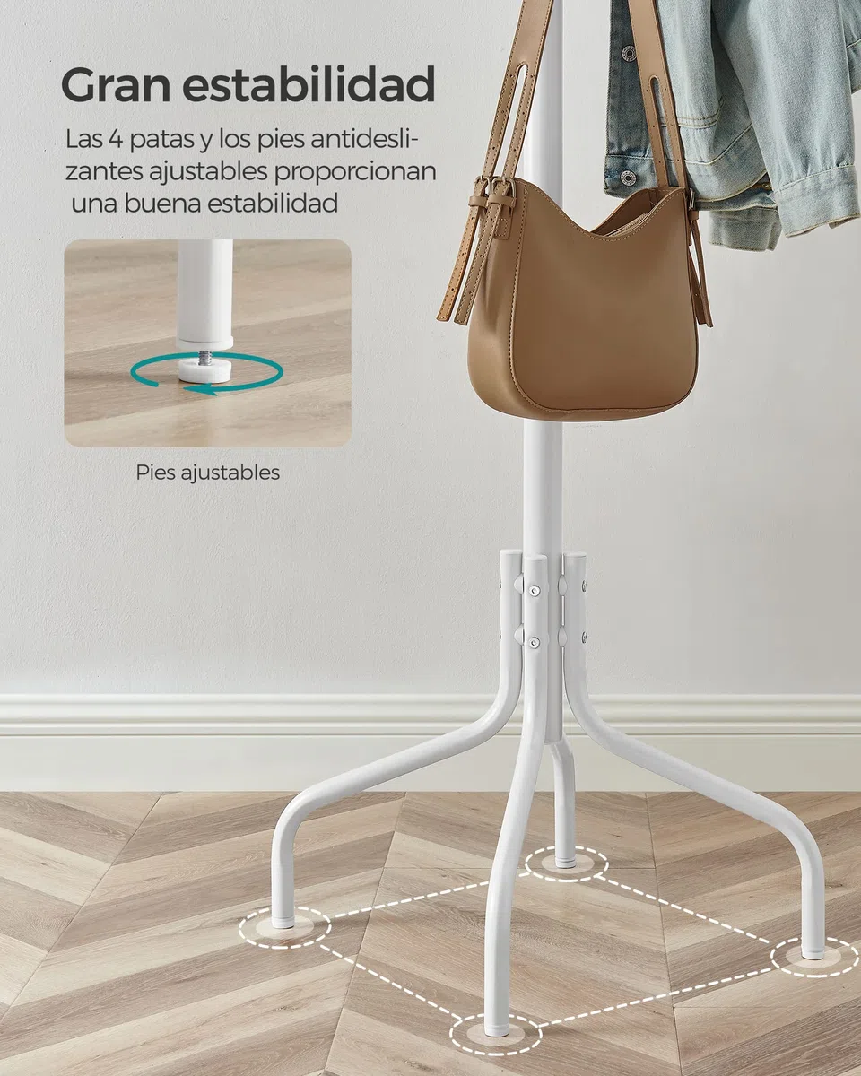 SONGMICS Perchero de Pie, Perchero de Metal con 12 Ganchos, 4 Patas, para Colgar Abrigos, Sombreros y Bolsos, para Entrada, Dormitorio, Oficina, Blanco RCR031W01